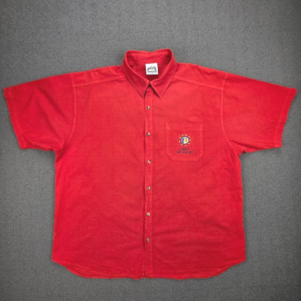 Peter Mussfeldt Vintage Cabo San Lucas Shirt Mens Red Sun Embroidered Cotton XL
